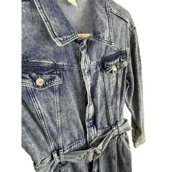 ZARA 100% Cotton Acid Wash Long Sleeve Belted Button Down Denim Jumpsuit Size M - Picture 3 of 9